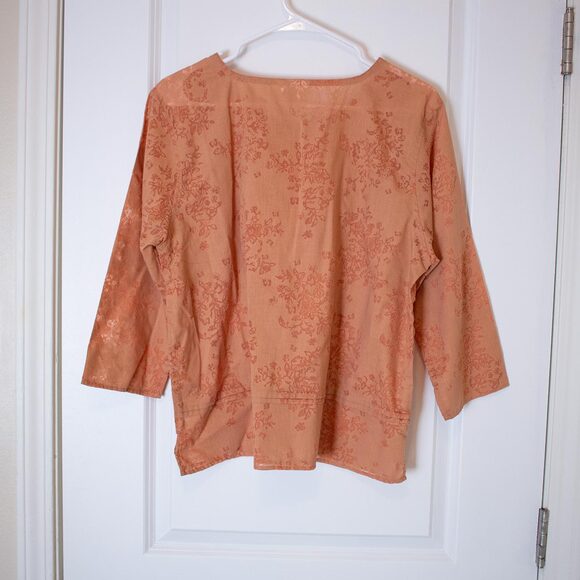 Burnt Peach Burnout Blouse Floral 3/4 Sleeve Sheer Layering Top XL | Soft Autumn - Picture 2 of 8
